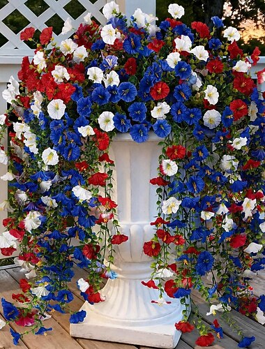  Künstliche Prunkwinden-Hängeblumen für den Außenbereich, 6 Stück, rot, weiß, blau, UV-beständig. Zum 250. Jahrestag der USA, patriotisch, zum Unabhängigkeitstag am 4. Juli und Gedenktag.