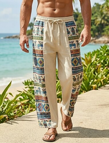  Herren Leinenhosen Hose Sommerhose Baggy-Hosen Strandhose Kordelzug Elastischer Bund Druck Ethnisch Komfort Atmungsaktiv Volle Länge Täglich Outdoor Strand Mode Böhmische Blau Schwarz Unelastisch