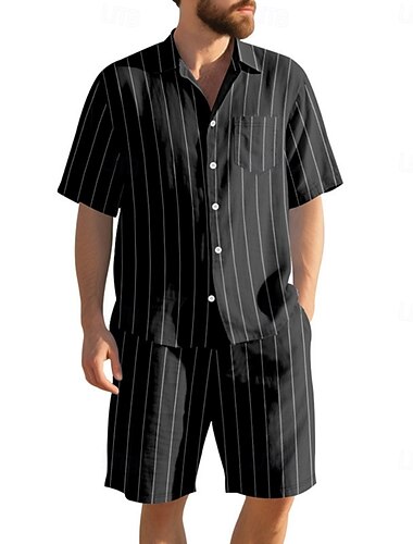 Per uomo Camicia di lino Due pezzi Set Camicia E Shorts Shorts di Lino Shorts da Spiaggia Impostare A righe Quotidiano All'aperto Spiaggia Collo ripiegato Manica Corta Estate Moda Casual Confortevole