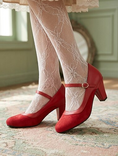 Vintage rode Mary Jane pumps in jaren 50-stijl voor dames - elegante pumps met ronde neus, blokhak en enkelbandje voor retrofeesten en bruiloften. &klassieke pin-up outfits