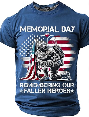  Día de los Caídos, recordando a nuestros héroes caídos. Camiseta de manga corta con estampado de bandera estadounidense, corazón, soldado arrodillado, patriótica, estilo vintage desgastado. Tallas: S,