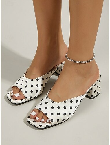  damesandaler med polkaprikker og blokhæl – slip-on mules med åben tå, retro chikke sandaler med lav hæl til strand, ø-ferie, resort &sommertøj