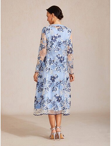  Per donna Trench Traspirante Ricamato Elegante Floreale Formale Lungo Girocollo Vestibilità regolare Manica Lunga Capispalla Azzurro cielo Estate Primavera