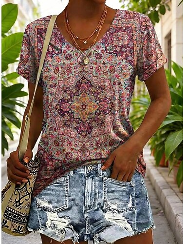  نسائي تي شيرت مطرز طباعة ورد الرسم هندسي عتيق أنيق كاجوال كم قصير V رقبة قمصان عادية فضفاض مناسب للبس اليومي عطلة نهاية الاسبوع الصدأ الأحمر بني فاتح الصيف الربيع