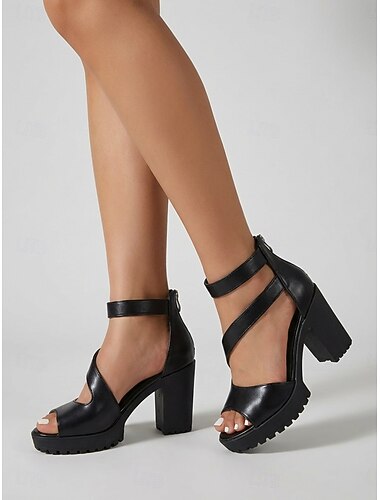  Sandálias plataforma pretas femininas com tiras cruzadas - sapatos confortáveis com salto bloco grosso e textura trançada, ideais para o dia a dia e looks de verão. &caminhada casual pela cidade