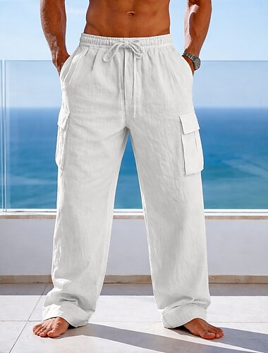  Homens Calças Cargo Calça verão Calças de praia Calças de gaze Com Cordão Cintura elástica Bolso multi Tecido Conforto Macio Comprimento total Diário Ao ar livre Feriado Férias Moda Preto Branco Sem