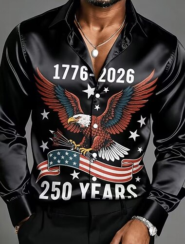  Herr 4 juli USA:s 250-årsjubileum Örn Amerikanska flaggan Skjorta Satinskjorta Knapp upp skjorta Långärmad Patriotisk Utomhus Festival Sommar Vår Nedvikt 3D-utskrift Svart