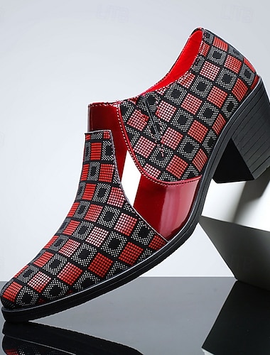  Sapatos sociais masculinos com salto bloco grosso e estampa, mocassins elegantes para o escritório, festas e eventos noturnos.