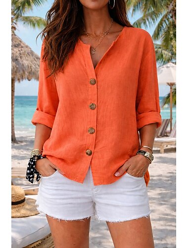  Damen Bluse Hemd aus Leinenimitat Knöpfe Einfarbig Täglich Lässig Dreiviertelarm V Ausschnitt Lange Oberteile Täglich Strand Schwarz Weiß Rote Orange Grün Sommer Frühling Herbst
