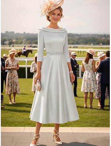  A-linje Klänningar Telång Festklänning Cocktail klänning Bröllopsgästklänning Klänning till brudens mor 3/4 ärm Halsbåt Elegant Vintage Bröllopsgäst Satäng med Bård