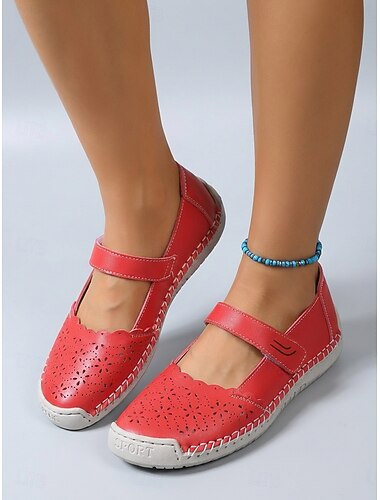  أحذية ماري جين نسائية حمراء مسطحة - أحذية مريحة بفتحات تهوية وحزام قابل للتعديل، أحذية مشي خفيفة الوزن للسفر &ملابس يومية