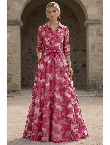  A-lijn Tot de grond Moeder van de bruid jurk Lange mouw Overhemdkraag Elegant Vintage Formeel Familiebijeenkomst Kentucky Derby Satijn Organza met Strik(ken) Bloem