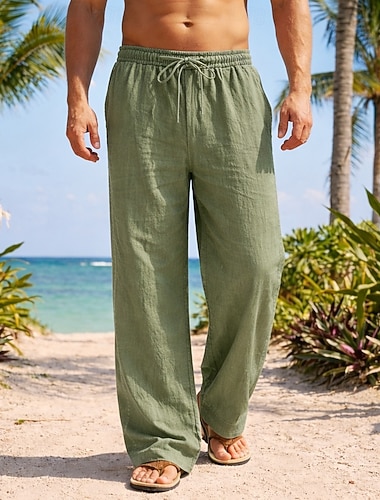  Herren Leinenhosen Hose Sommerhose Baggy-Hosen Strandhose Kordelzug Elastischer Bund Gerader Schnitt Einfach Bequem Atmungsaktiv Volle Länge Täglich Strand Urlaub Urlaub Mode Blau Schwarz Unelastisch