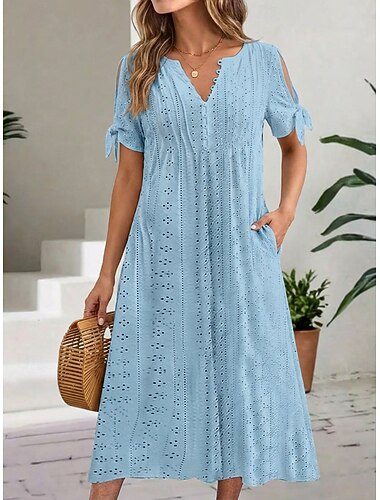  Naisten Midimekko Boho-mekko A linjainen mekko Kesämekko Laskostettu mekko Tyylikäs Muoti Moderni Kausaliteetti Päivittäin ulko- Loose Fit Tavallinen Lyhythihainen V kaula-aukko Sininen Valkoinen