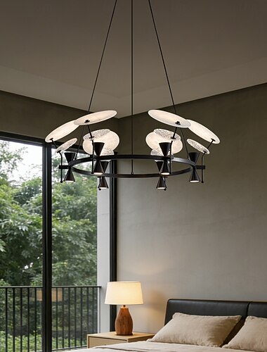 Moderne zwarte LED-kroonluchter met witte bloembladkappen, 1/6/9/12-kops Sputnik-design, eigentijdse ringvormige hanglamp voor de eetkamer, woonkamer, keukeneiland en slaapkamer.