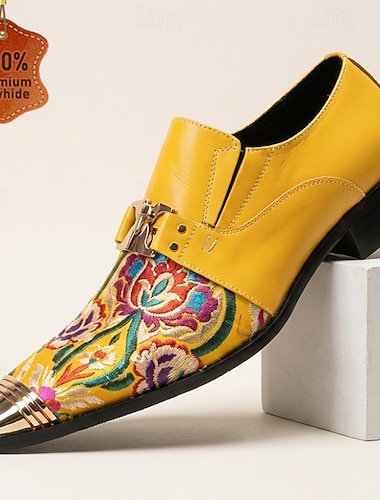  herre gule blomstertrykk pensko med munkestropper og spiss tå med metallkappe, formelle sko til bryllup, banketter, fester, skoleball, motearrangementer og dristig statement-festantrekk