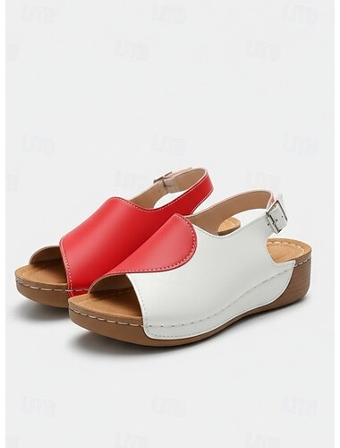  női piros, kétszínű ékszandál | lábboltozat-támasztó kényelmes cipők hétköznapi sétákhoz, egész napos viselethez és nyári vakációhoz