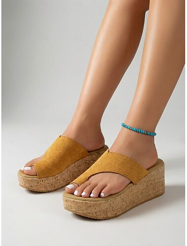  Dames sennepsgule semskede kilehæler i semsket skinn - platåsandaler med korktekstursåle for utendørsferier og sommerreiser &klær til strandresort