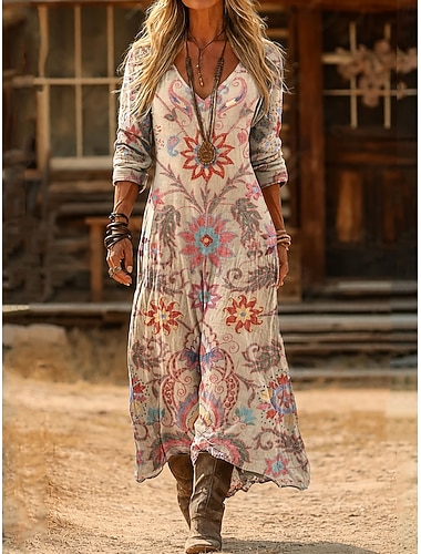  Per donna Abito Midi Vestito Estivo Abito Estivo Vacanza Casual Boho Quotidiano Vestibilità regolare Grafico Blocco di colori Astratto Manica Lunga Scollo a V Beige Estate Primavera