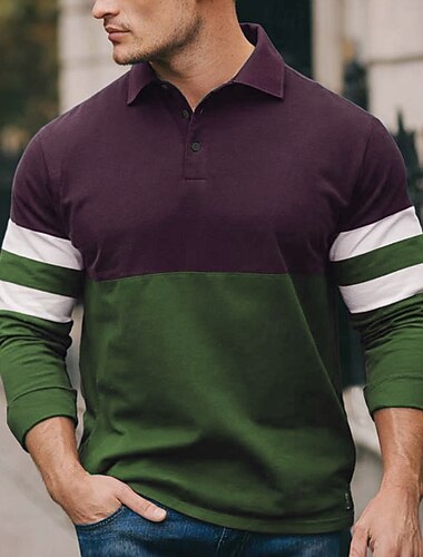  Voor heren Gestreept Rugbypolo Lange mouw Poloshirt Overhemden met kraag Sportkleding Casual Buiten School Sportkleding 3D-afdrukken Knop Lente Herfst blauw Paars Bruin