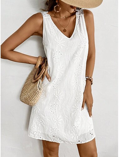  Mujer Mini vestido Vestido de encaje Vestido blanco Moda Moderno Exterior Vacaciones Noche Ajuste regular Plano Sin Mangas Escote en Pico Blanco Rosa Rojo Verano Primavera