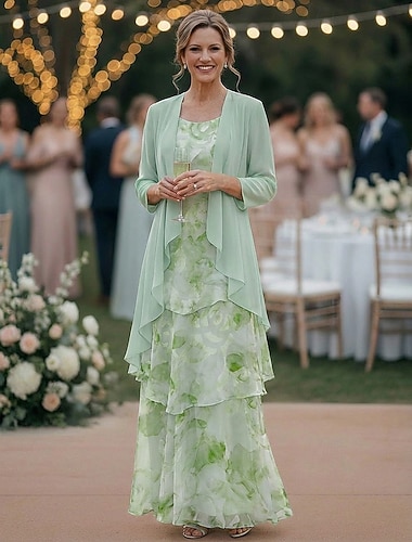  Zweiteilig A-Linie Bodenlang Kleid für Hochzeitsgäste Brautmutterkleid Ärmellos Dreiviertelarm Rundausschnitt Elegant Einfach Minimalistisch Formell Semi-Formal Chiffon Jacquard mit Blumenmuster