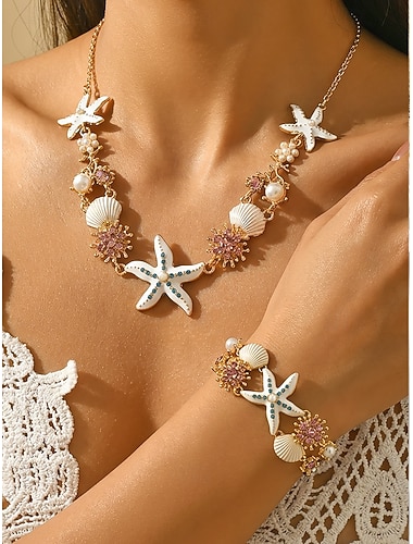  Dames bohemian ketting en armband met blauw-witte zeesterhanger van legering, perfecte sieraden voor strandvakanties, op reis, in resortstijl of voor dagelijks casual gebruik.