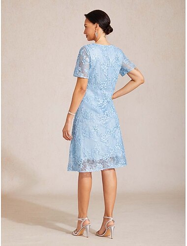  Dames Halflange jurk Hemdjurk Elegant Bruiloft gast Feestdagen Afspraakje Kant Geborduurd Effen Kleur Korte mouw Strakke ronde hals Hemelsblauw