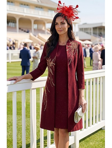  Due Pezzi Abito Aderente Colonna Lunghezza Ginocchio Abito Prom Abito da Festa Abito Cocktail Abito Madre della Sposa Manica Lunga Girocollo Elegante Vintage Festa con Ricamo