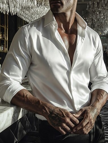  男性用 シャツ サテンシャツ ドレスシャツ カジュアルシャツ ボタンアップシャツ プロムシャツ 平織り パーティー 結婚式 ブルー ライトブルー ブラック ホワイト 長袖 ラペル 春 オールシーズン 衣類 平織り