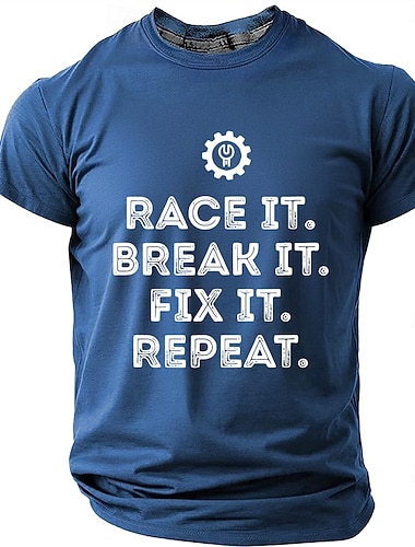 Herren-T-Shirt mit lustigem Aufdruck: „Rennen, kaputt, reparieren, wiederholen“. Ideal für Rennwagen-Fans, Mechaniker und alle, die gerne Autorennen fahren. Kurzarm, Rundhalsausschnitt, lässiges
