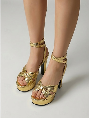  صنادل نسائية ذهبية بكعب عالٍ ومنصة، مفتوحة من الأمام مع حزام للكاحل، أحذية أنيقة مناسبة لحفلات السهر والنوادي الليلية &فعاليات مسائية