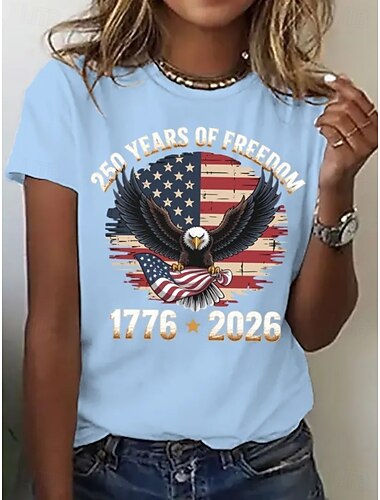  día de la independencia americana Mujer Camiseta Estampado Graphic Bandera Elegante Clásico Casual Manga Corta Cuello Barco Tops regulares Diario Negro Gris Azul claro Verano Primavera