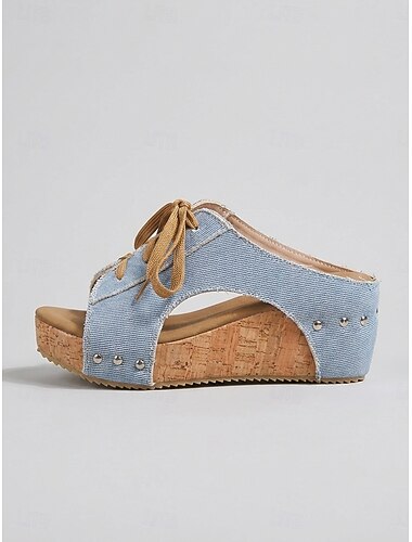  Damessandalen met sleehak in denimblauw – casual veterschoenen met plateauzool, ideaal voor zomerse reizen, wandelingen en dagelijks gebruik.