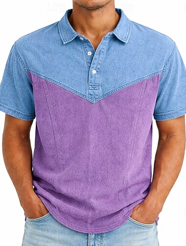  Homme Polo Chemise 100% coton délavée à l'acide Occasionnel Fête Revers Manche Courte Mode Basique Uni Texturé Boutons Vintage Printemps & Été Bleu Violet Vert Gris Polo