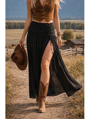  Γυναικεία Φούστα διακοπών Κομψό Βίντατζ Μοντέρνα Καθημερινό Μακρύ Ψηλή Μέση Φούστες Σκέτο Σουρωτά Κουρελού Διαχωρισμός Ανελαστικό Καθημερινά Παραλία Σομόν Μαύρο Λευκό Πράσινο του τριφυλλιού Καλοκαίρι