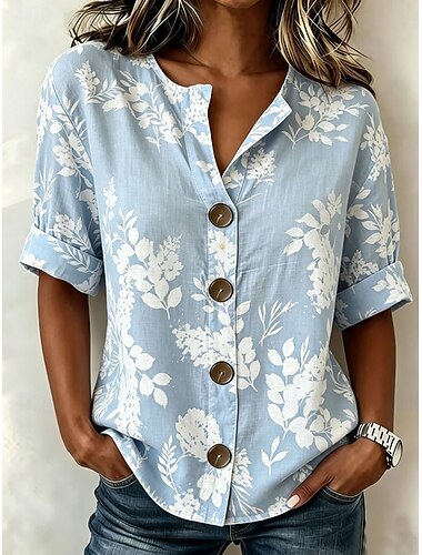  Per donna Camicia Stampato Floreale Grafico Elegante Vintage Casual Mezza Manica Scollo a V Top Regolari Casuale Quotidiano Ferie Blu Bianco Beige Estate Primavera