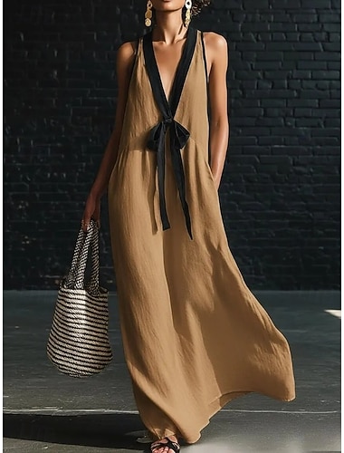  Dames Maxi-jurk Jurken met linnenlook Zonnejurk A lijn jurk Zomerjurk Casual Dagelijks Feest Feestdagen Ruim Passend Effen Mouwloos V-hals blauw Lichtgeel Wit Rood Zomer