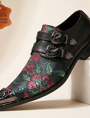  Herresko med svarte blomsterprint og munkestropper, dobbel spenne, spiss tå, metallkappe, formelle sko til bryllup, banketter, fester, skoleball, motearrangementer og luksuriøst kveldsantrekk