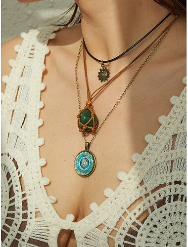  Dameskettingenset in bohemian stijl, bestaande uit meerdere lagen van verschillende materialen, 3-delige sieradenset, geschikt voor casual gelegenheden en strandvakanties, perfect voor dagelijkse boho-outfits.