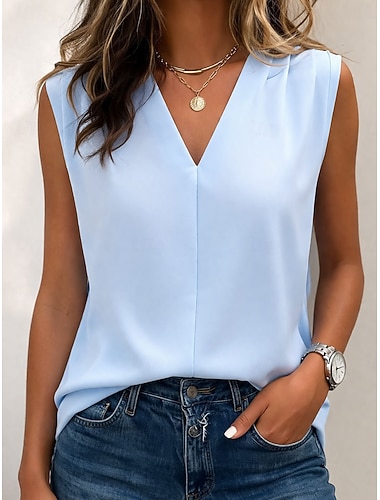  Damen Hemd T Shirt Tank Top Grafik Einfach Elegant Ärmellos V Ausschnitt Normale Oberteile Lässig Strand Weiß Himmelblau Grün Aprikose Rosa Sommer