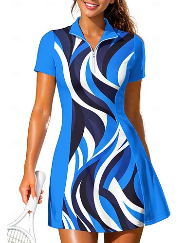 Damen Geometrisch Tenniskleid Sportkleid Kurzarm Reißverschluss Druck Atmungsaktiv Tennis Golfspiel Badminton Kragen Polokragen Kleid Blau und Weiß Purpur Orange Tennisbekleidung