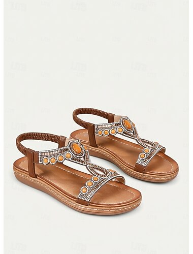  sandali piatti con cinturino a T e strass blu da donna – scarpe estive slip-on con pietre preziose boho per la spiaggia e l'abbigliamento casual