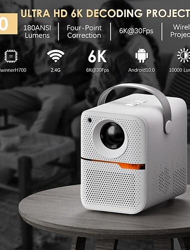  hordozható projektor p10, intelligens mini projektor 6k dekódolással &Android 10.0, 180 ansi lumen, 2,4 g wifi vezeték nélküli filmvetítő otthoni és kültéri használatra, 4 pontos trapézkorrekció