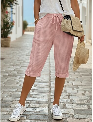  Damskie Gofrowana Spodnie capri Typu Chino Letnie szorty Urlop Moda miejska Codzienny Długość do łydki Średia talia Równina Ściągana na sznurek Kieszeń Wygodne Komfort Wygodny Elastyczny Codzienny Na