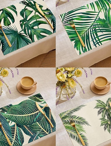  Sommerliches Tischset aus Palmenblatt-Stoff, rechteckiges Tischset aus 100 % Polyestergewebe, grünes tropisches Pflanzenmuster, maschinenwaschbar, hitzebeständig, strapazierfähiger Tischschutz,