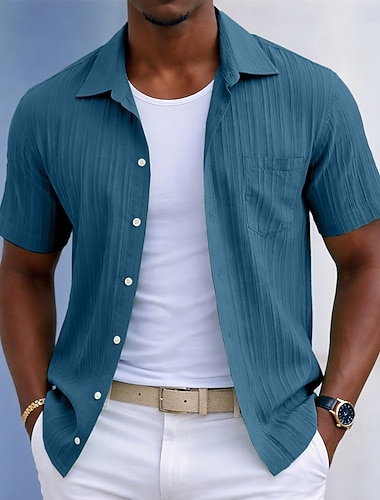  Férfi Ing Alkalmi ing Stranding Gombos póló Jacquard ing Fekete Fehér Világoszöld Bor Kék Rövid ujjú Tömör szín Sima Vonalak / hullámok Hajtóka Hétköznapi Utcai öltözék Zseb Ruházat Divat Alkalmi