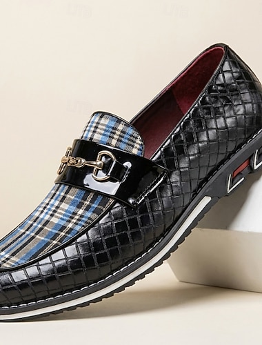  Herre svarte rutete vevde loafers slip-on metallbit pensko elegante casual forretningssko til bryllup, kontor, banketter, fester og herreklær