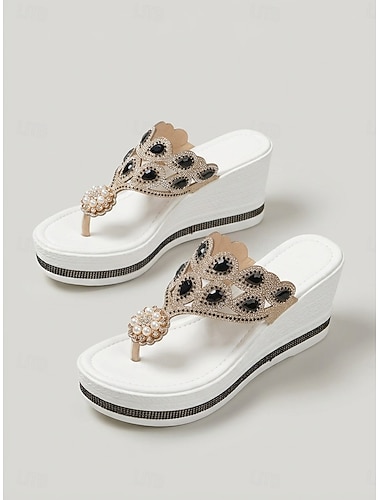  Witte platform sleehak sandalen voor dames, met strasssteentjes versierde teensandalen voor een diner op vakantie of een avondje uit in een resort. &zomerfeesten