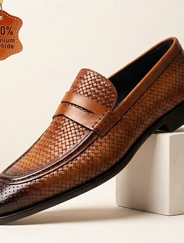  Herrbruna penny loafers i vävt läder med handgjord textur, slip-on business casual-skor för herrar, perfekta för kontor, banketter, formella sammankomster och elegant vardagskläder